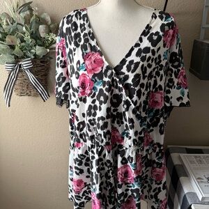Lane Bryant Woman’s Plus Floral Leopard Print Blouse Top 28W